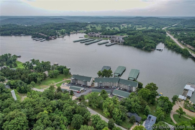 drone / aerial view featuring a water view