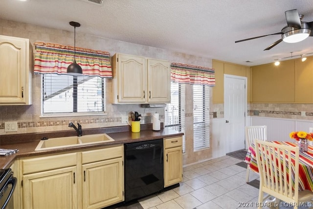 kitchen featuring sink, black dishwasher, plenty of natural light, and a textured ceiling