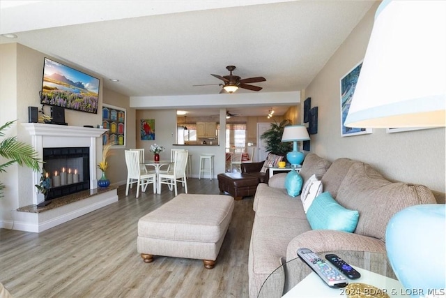 living room with hardwood / wood-style flooring and ceiling fan