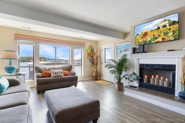 living room with hardwood / wood-style flooring and a textured ceiling