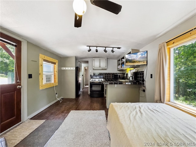 bedroom with black fridge, sink, dark wood-type flooring, and lofted ceiling