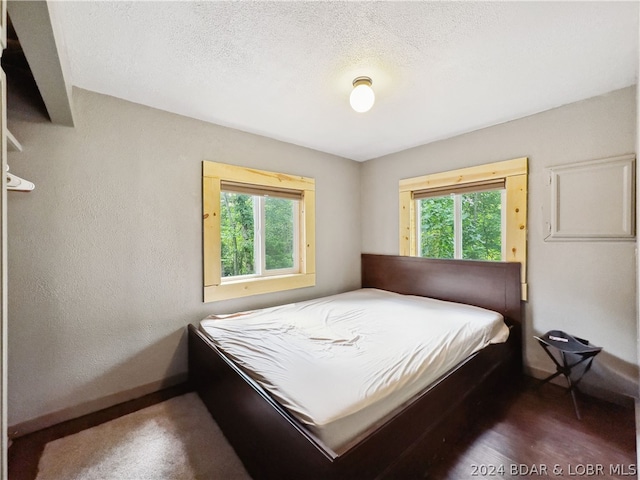 bedroom featuring dark hardwood / wood-style flooring, a textured ceiling, and multiple windows