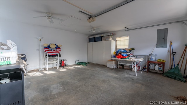 garage featuring electric panel, ceiling fan, and a garage door opener