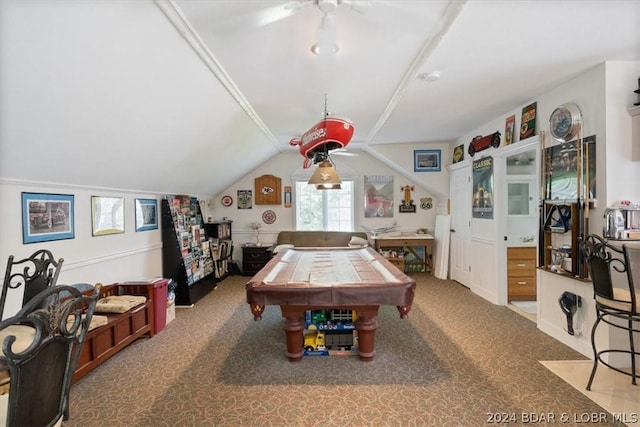 playroom with lofted ceiling, carpet floors, and pool table