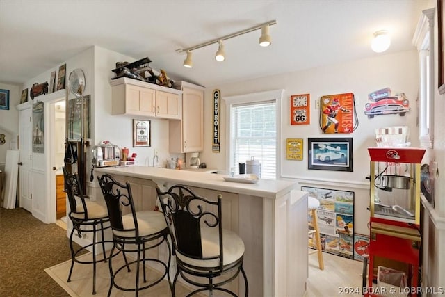 kitchen with light carpet, a breakfast bar area, and kitchen peninsula