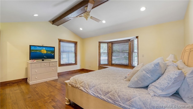 bedroom featuring vaulted ceiling with beams, ceiling fan, and hardwood / wood-style floors