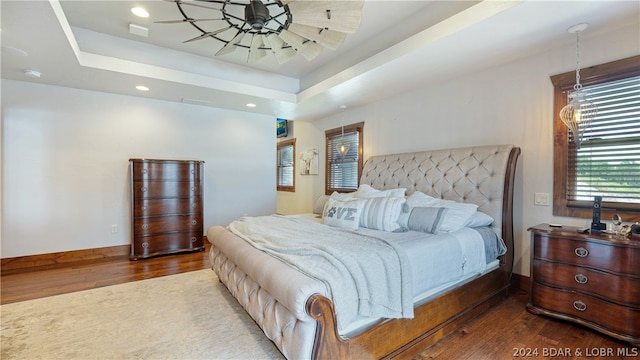 bedroom featuring dark hardwood / wood-style flooring and a tray ceiling