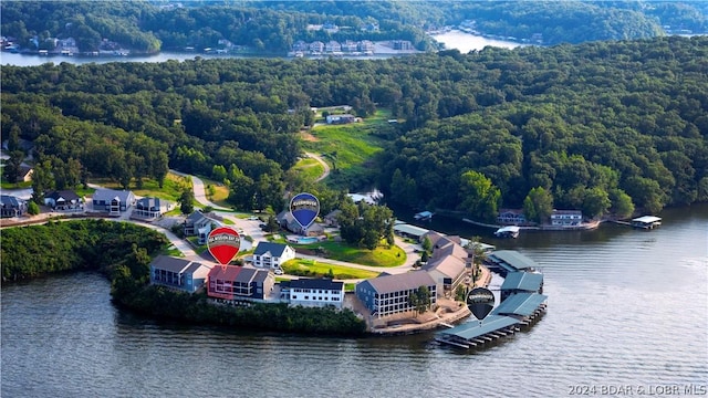 aerial view with a water view and a forest view