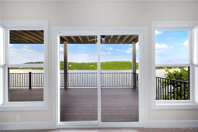 doorway with a water view and a healthy amount of sunlight