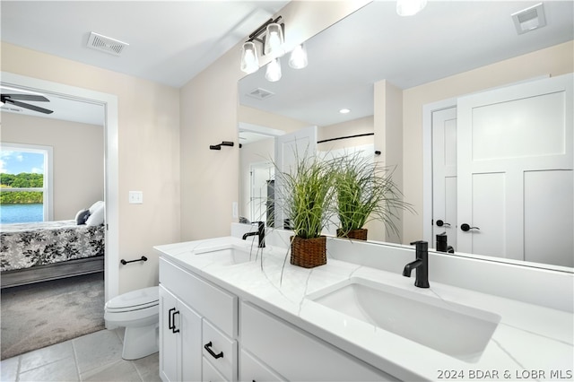 bathroom featuring ceiling fan, tile patterned flooring, vanity, and toilet