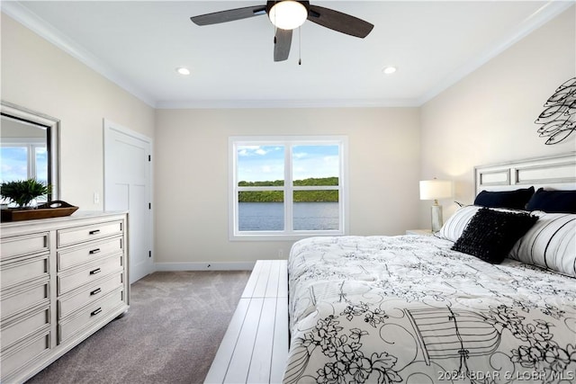 carpeted bedroom featuring ornamental molding, recessed lighting, a ceiling fan, and baseboards