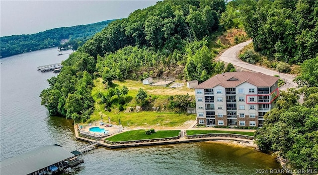 drone / aerial view featuring a water view