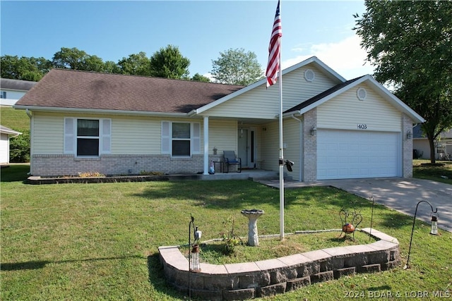 ranch-style house with a garage and a front yard