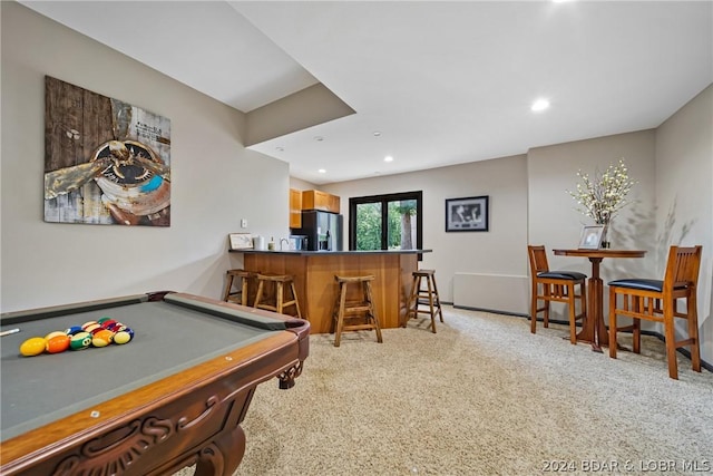 playroom with bar, light colored carpet, and pool table