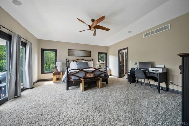 bedroom with ceiling fan and light colored carpet