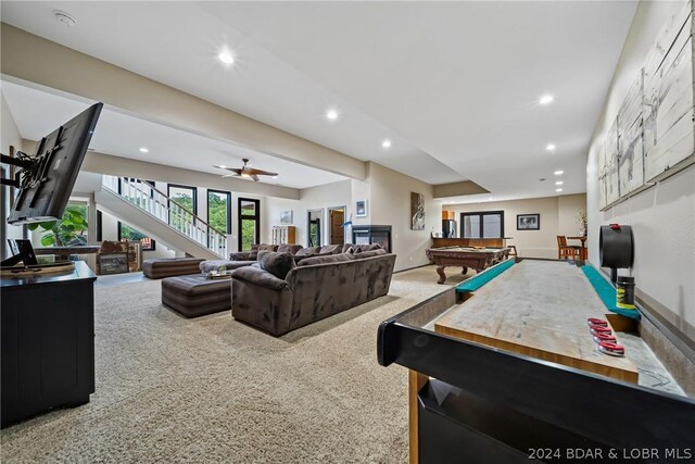 recreation room with carpet flooring, pool table, and ceiling fan