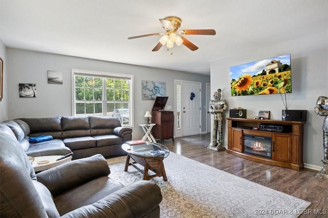 living room with ceiling fan and dark hardwood / wood-style flooring