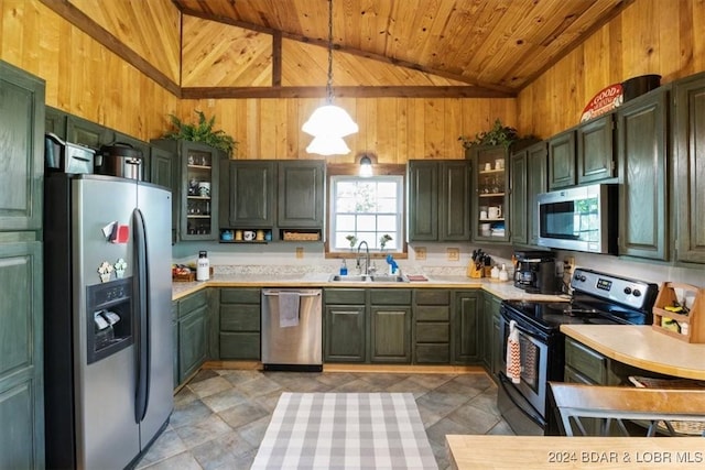 kitchen featuring sink, wooden ceiling, stainless steel appliances, high vaulted ceiling, and decorative light fixtures