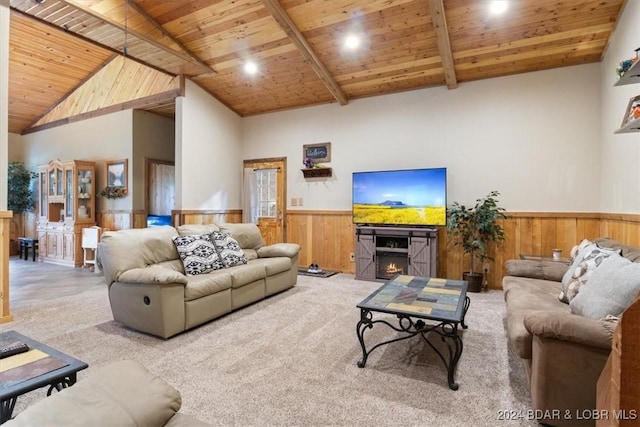 living room featuring beamed ceiling, high vaulted ceiling, wood ceiling, and wood walls