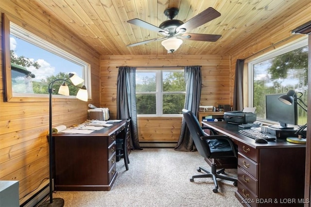 office featuring ceiling fan, wood walls, light colored carpet, and wooden ceiling