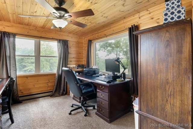 carpeted home office with ceiling fan, baseboard heating, wood ceiling, and wood walls