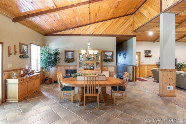 dining room featuring beamed ceiling, high vaulted ceiling, a notable chandelier, wood walls, and wood ceiling