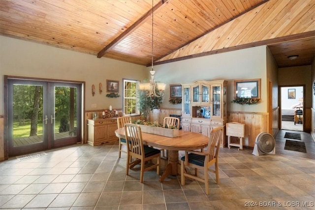 dining area featuring french doors, high vaulted ceiling, wooden walls, and wood ceiling