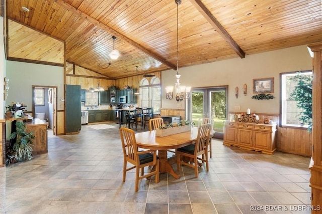 dining room with beamed ceiling, high vaulted ceiling, wood ceiling, and an inviting chandelier