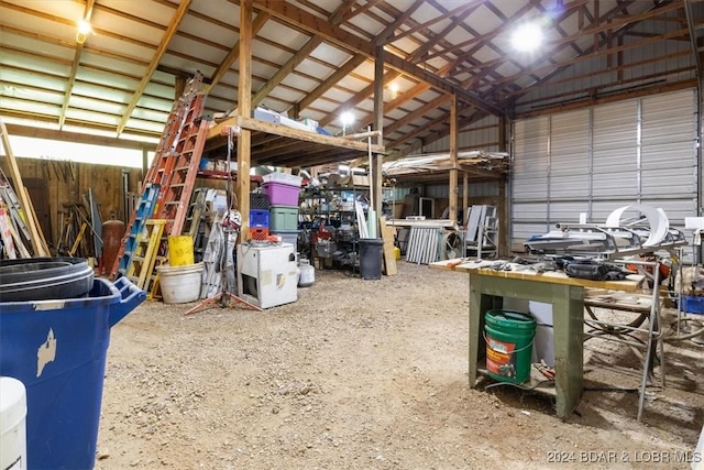 garage with a workshop area