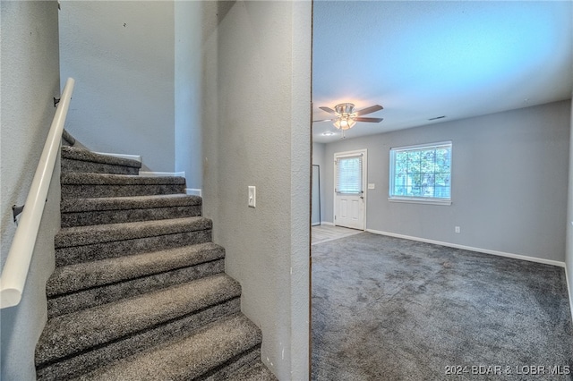 staircase with carpet floors and ceiling fan