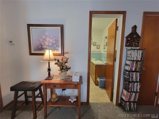 hall with carpet flooring, a sink, and baseboards