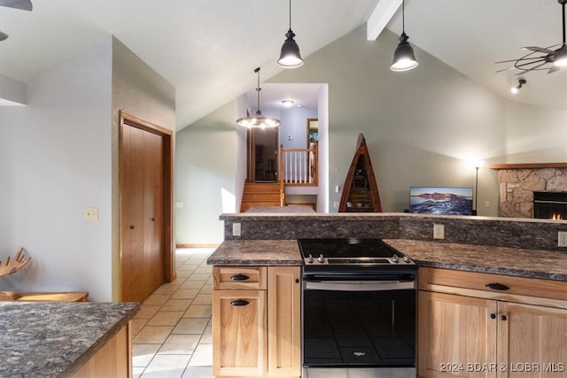 kitchen featuring range with electric stovetop, vaulted ceiling with beams, light tile patterned flooring, and a fireplace