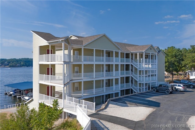 view of building exterior with a water view