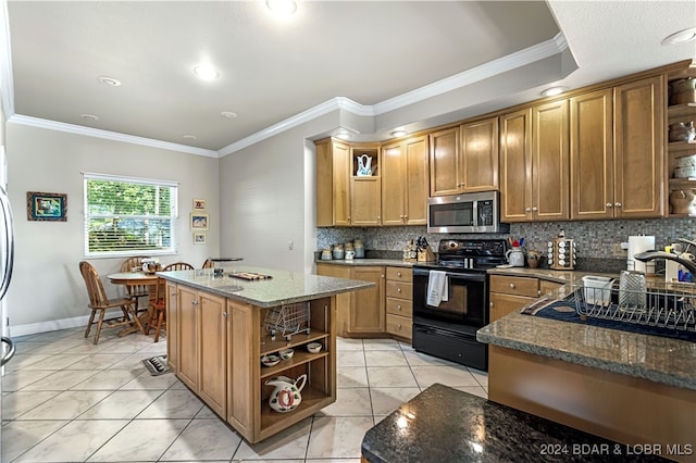 kitchen with backsplash, black range with electric cooktop, crown molding, and a kitchen island