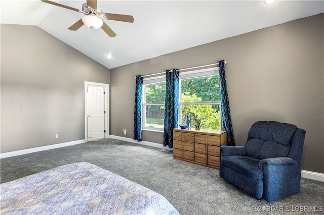 carpeted bedroom featuring high vaulted ceiling and ceiling fan