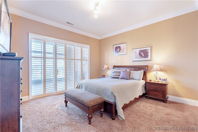 bedroom with access to exterior, light carpet, crown molding, and rail lighting