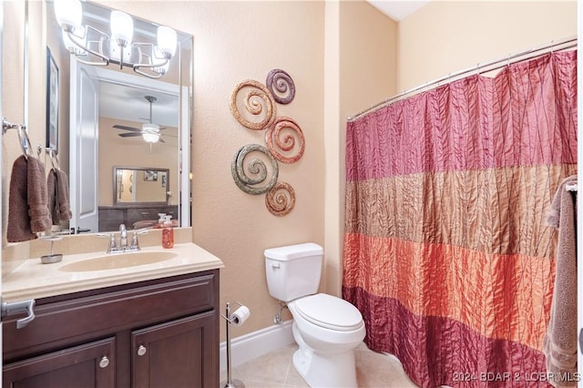 bathroom featuring tile patterned floors, ceiling fan, toilet, and vanity