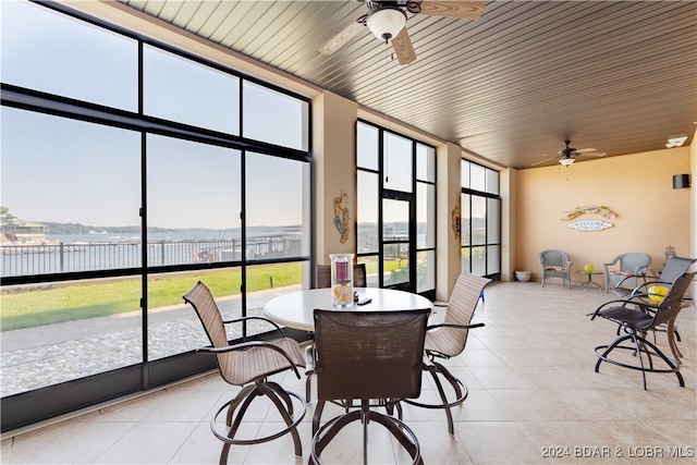 sunroom / solarium featuring ceiling fan, wooden ceiling, and a water view