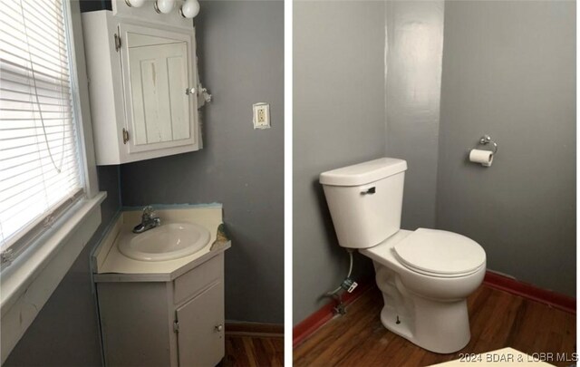 bathroom featuring vanity, hardwood / wood-style floors, and toilet