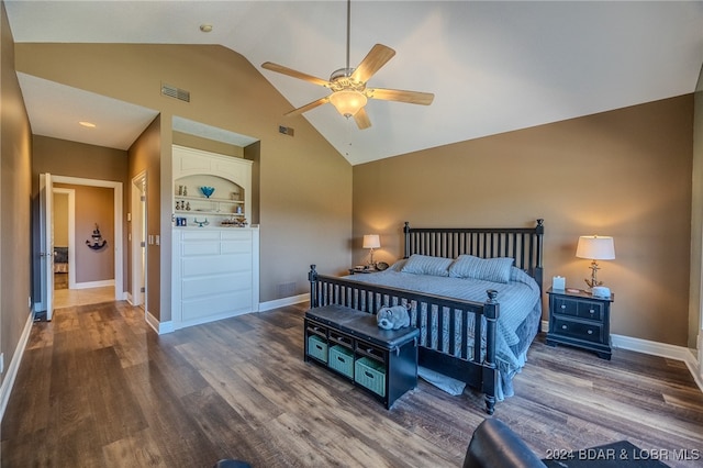 bedroom with high vaulted ceiling, hardwood / wood-style floors, and ceiling fan