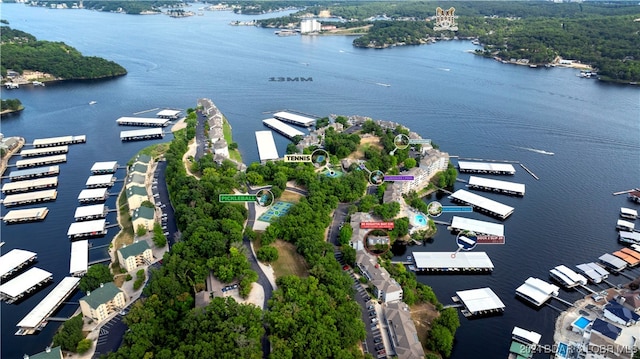 bird's eye view with a water view