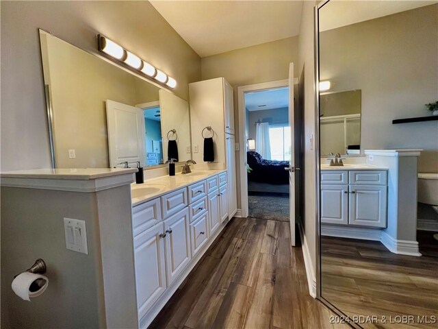 bathroom with hardwood / wood-style flooring and dual bowl vanity