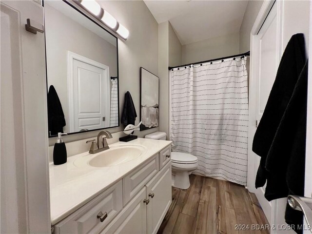 bathroom with vanity, hardwood / wood-style floors, and toilet