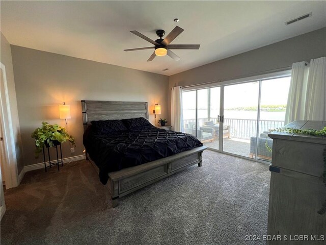 carpeted bedroom with ceiling fan and access to outside