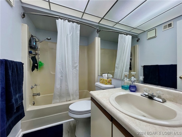 full bathroom with toilet, vanity, and shower / bathtub combination with curtain