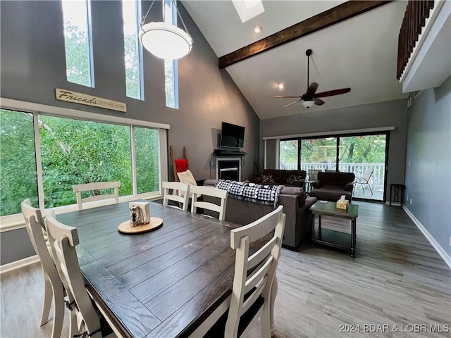 dining area featuring high vaulted ceiling, a skylight, beamed ceiling, wood-type flooring, and ceiling fan