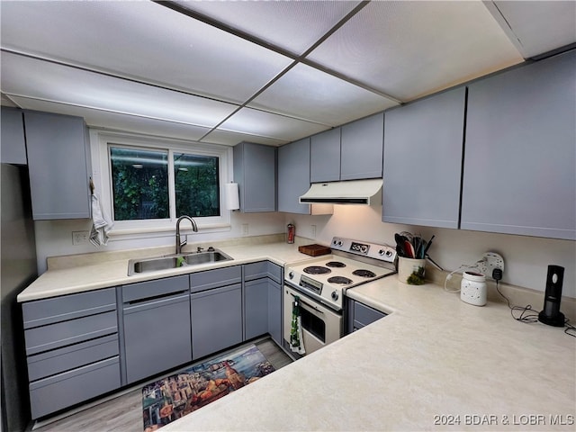 kitchen with gray cabinetry, sink, and range with electric cooktop