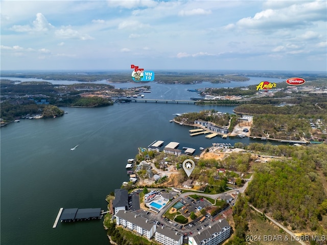 drone / aerial view featuring a water view