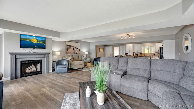 living room with a raised ceiling, a tiled fireplace, and hardwood / wood-style floors