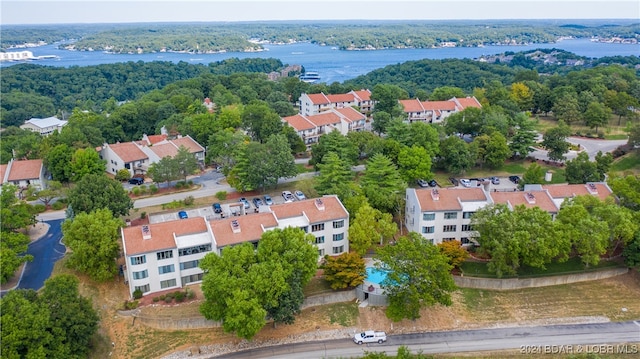 drone / aerial view featuring a water view